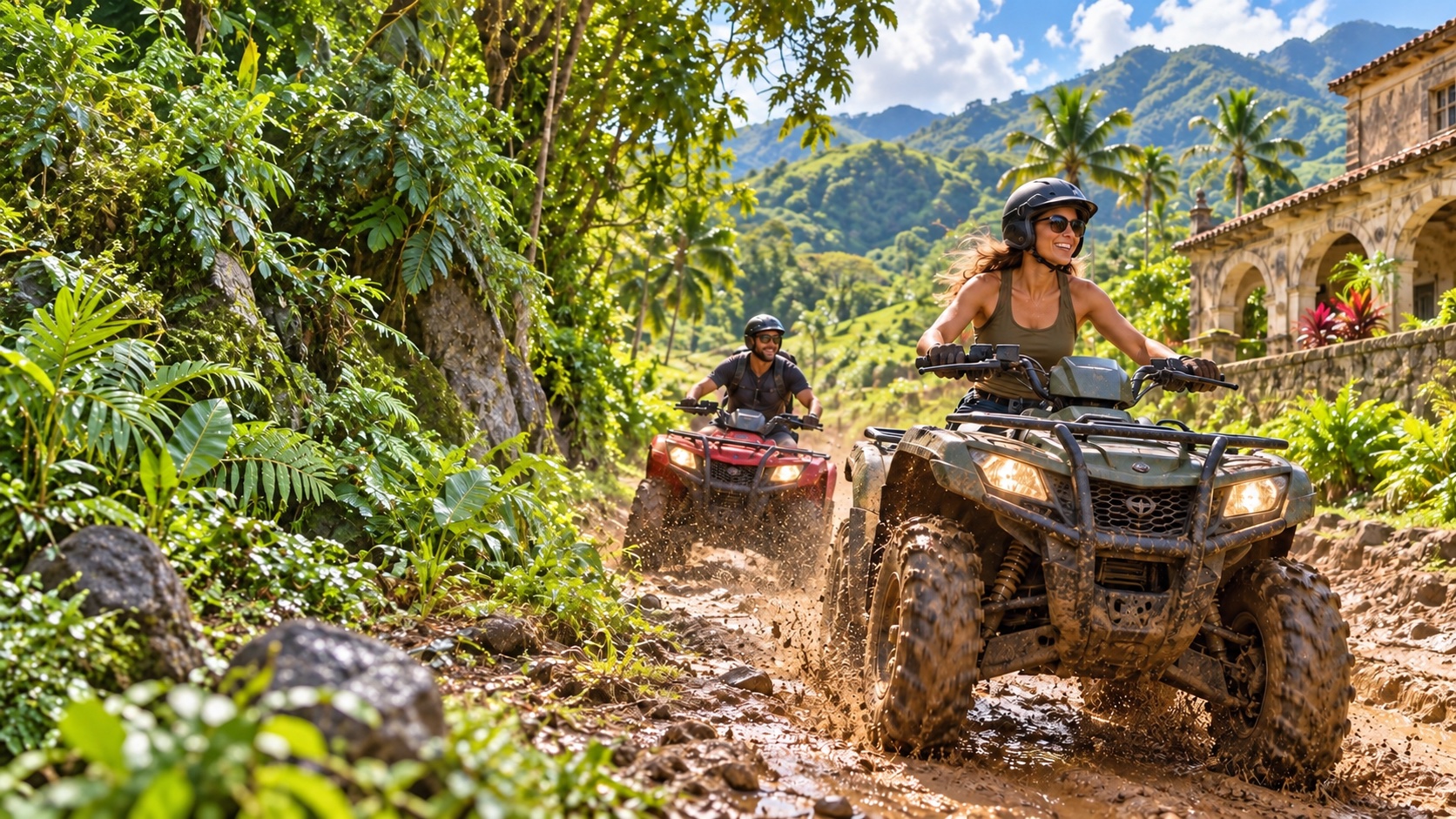 AI-generated image of helmeted adults riding ATVs on a tropical trail