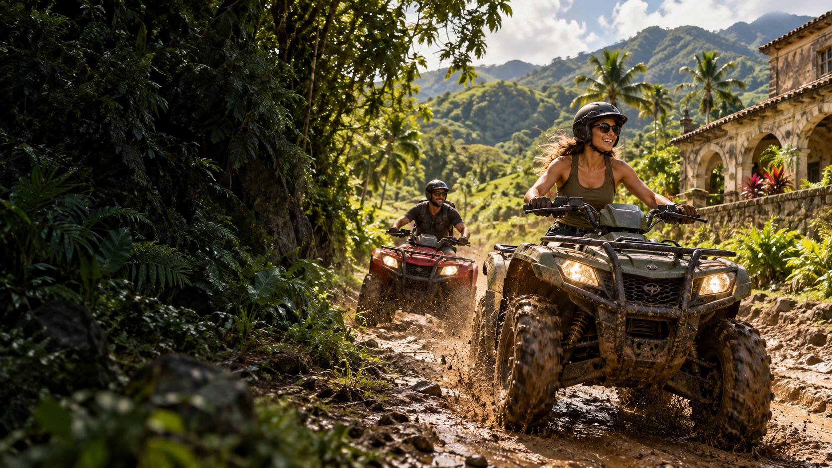 AI illustration of helmeted adults riding ATVs on a tropical trail