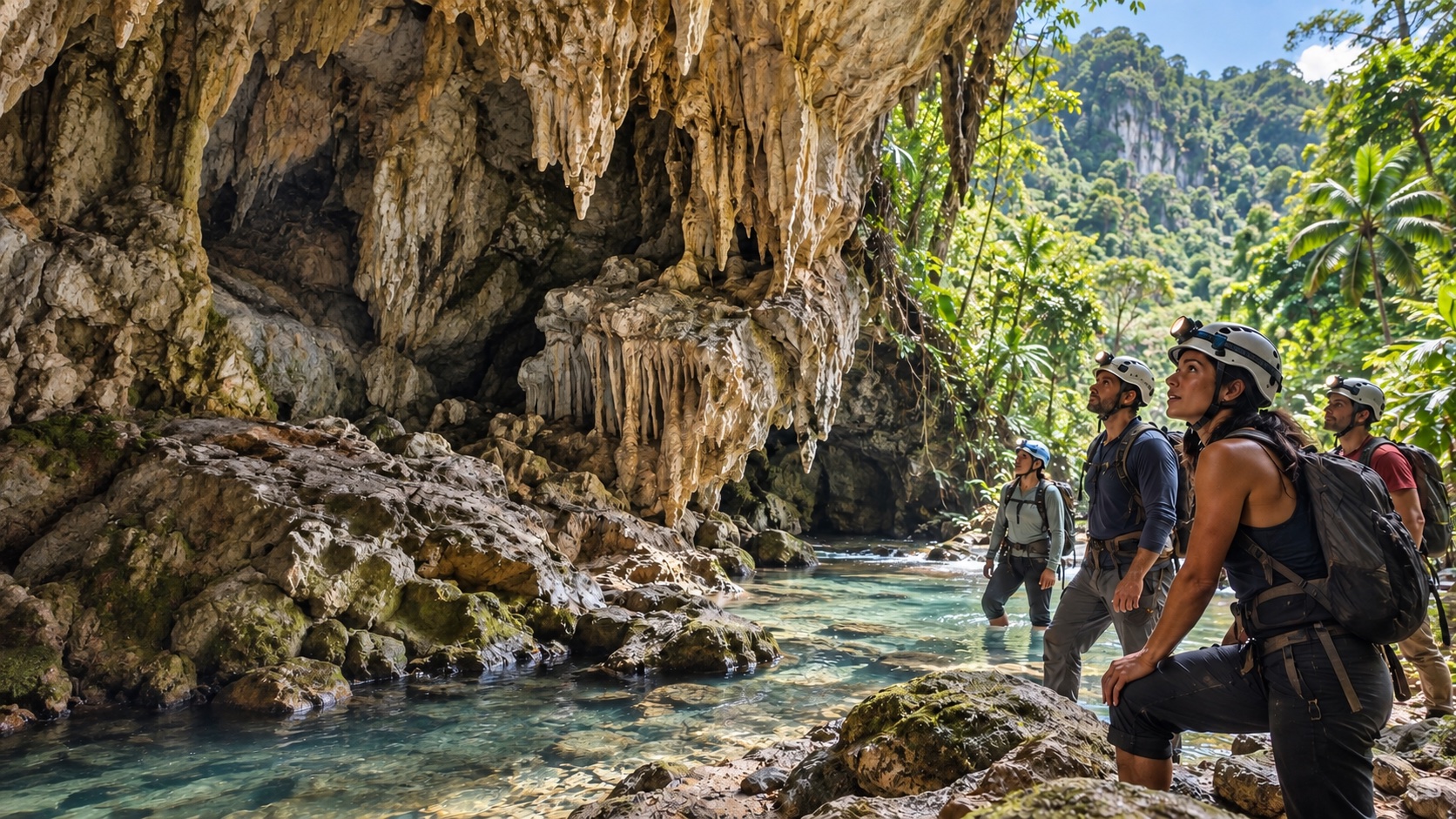 AI-generated image of a guided cave outing in a tropical karst landscape
