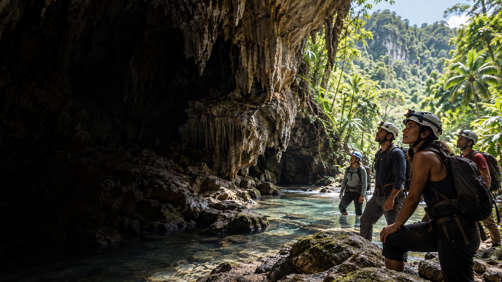 AI illustration of a guided cave outing in a tropical karst landscape