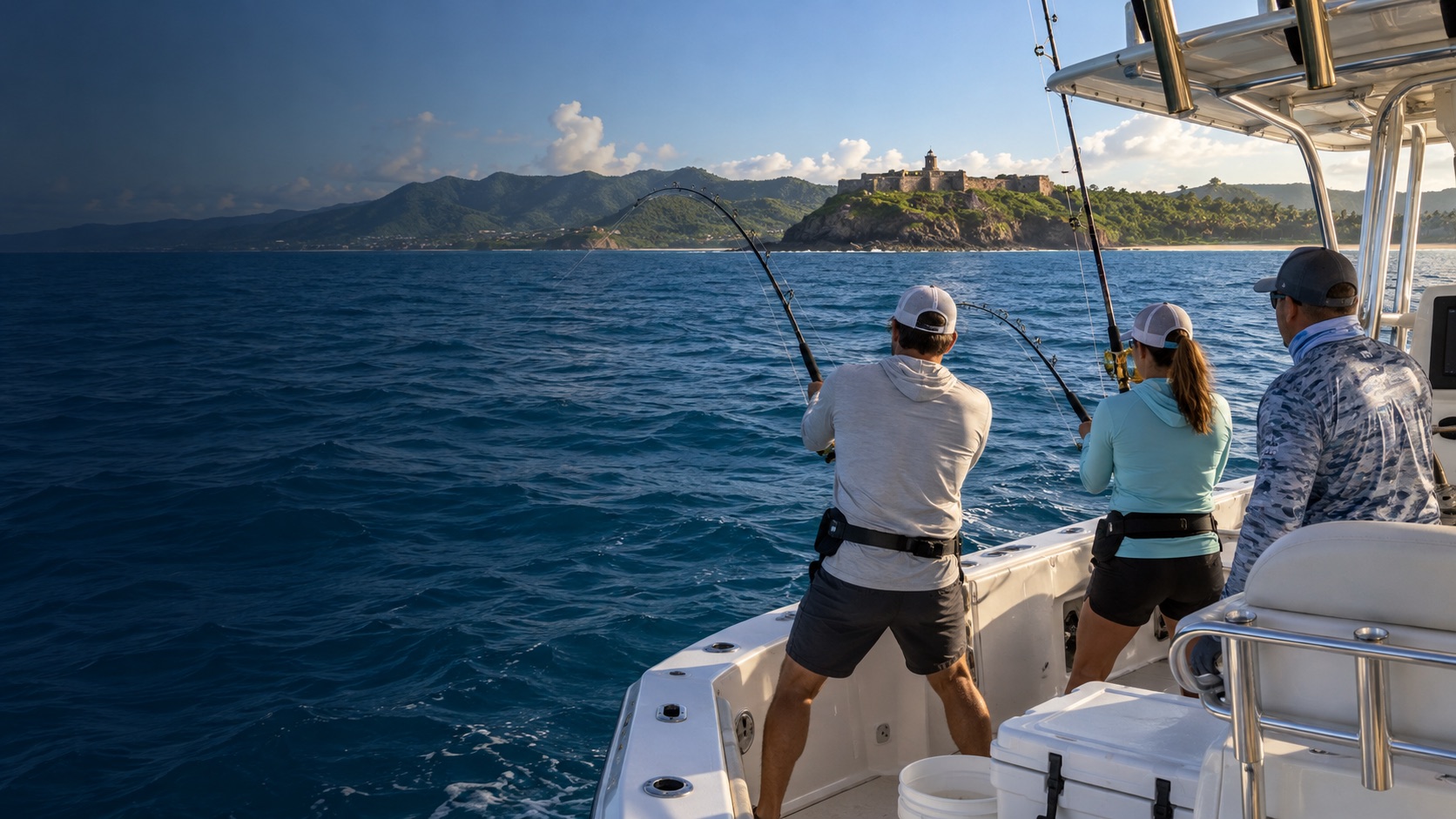 AI illustration of a small sport fishing charter off the Puerto Rico coast