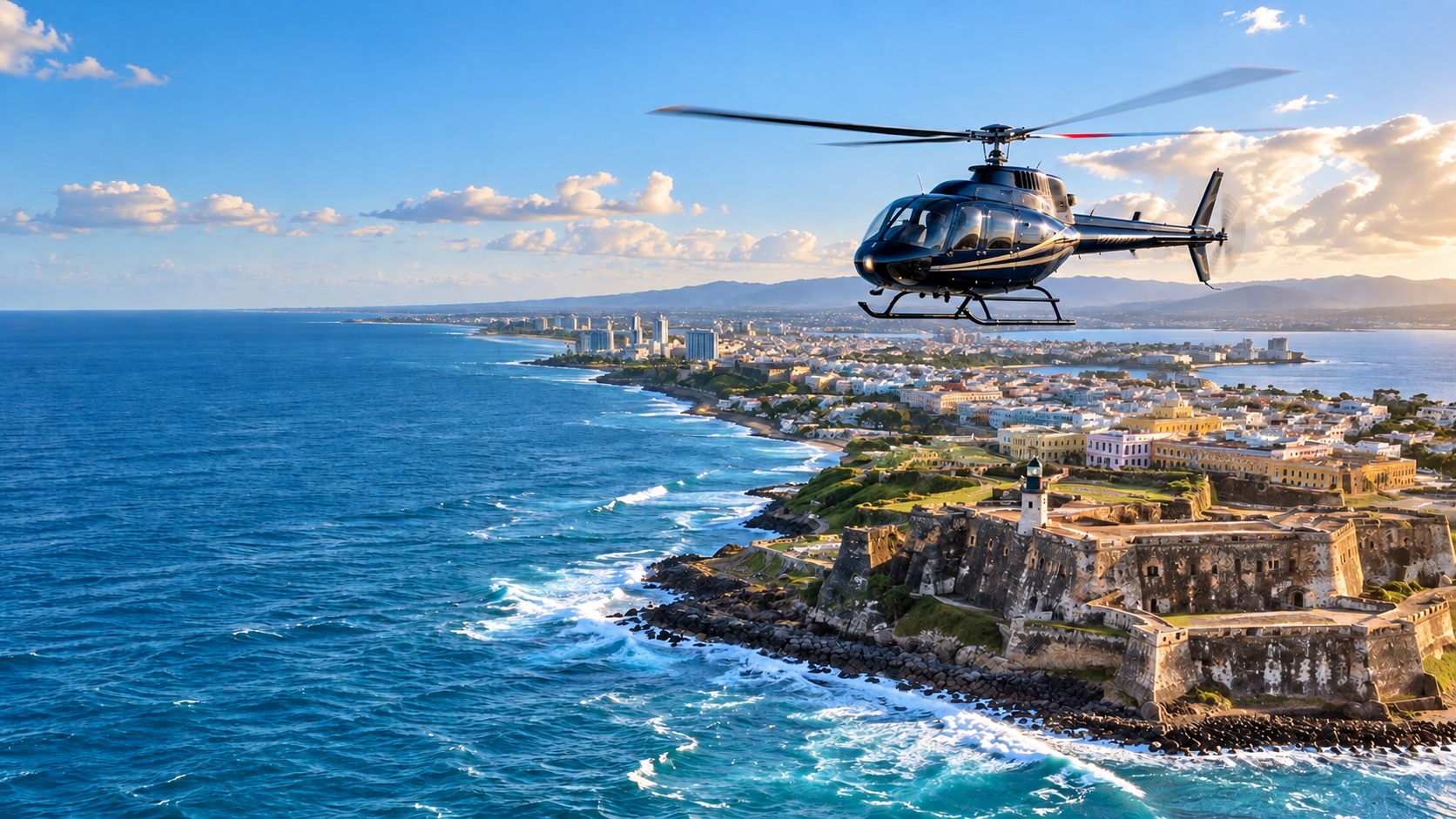 AI-generated image of a sightseeing helicopter over Puerto Rico coastline