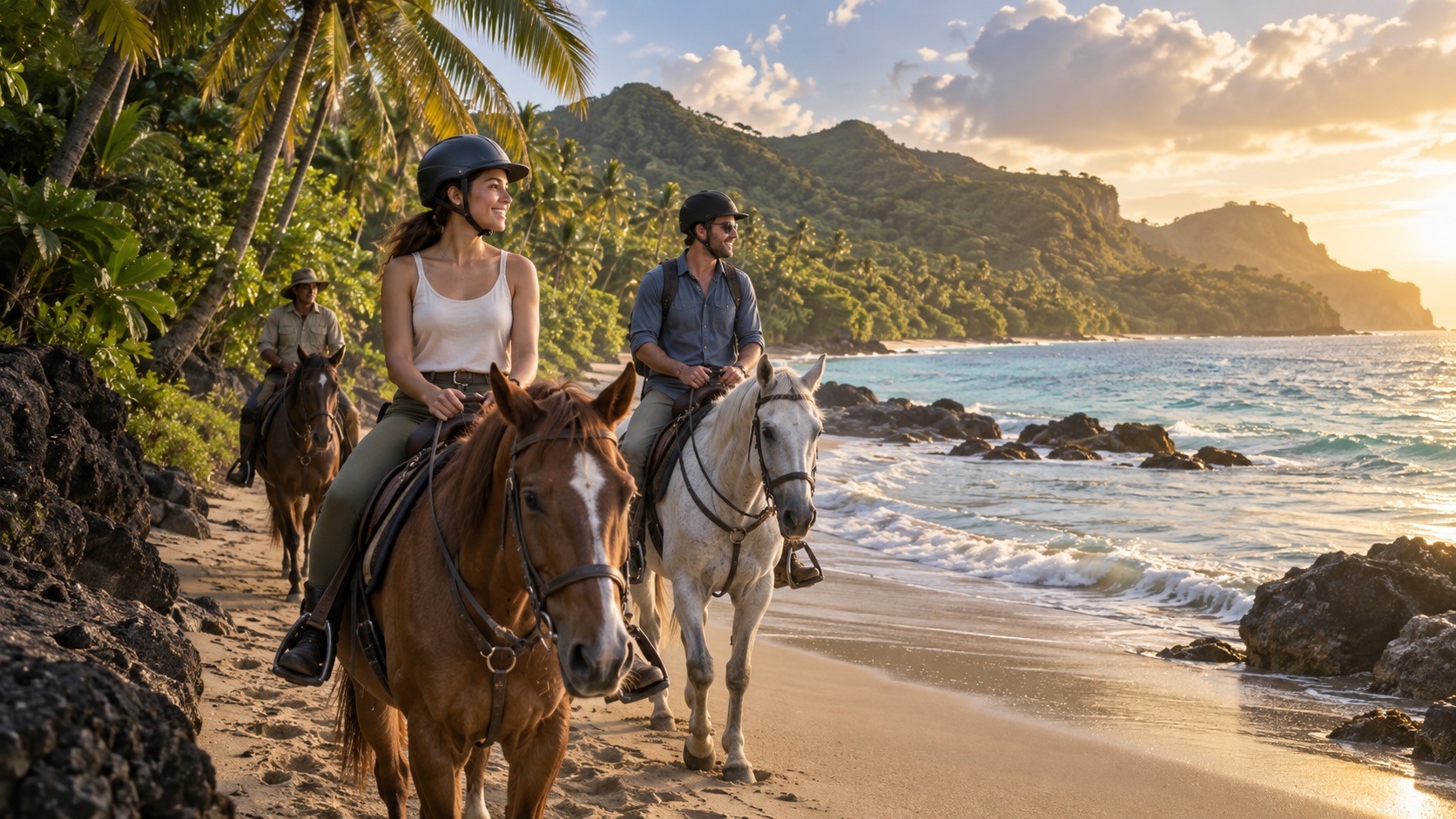 AI illustration of a guided horseback ride beside a tropical beach