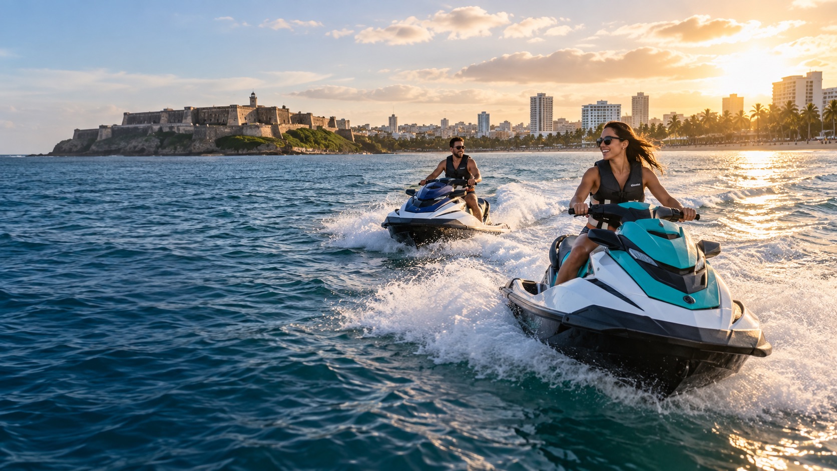 AI illustration of a guided jet ski outing off San Juan
