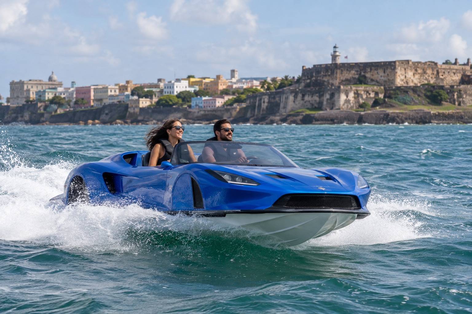 AI illustration of a JetCar watercraft moving across San Juan Bay