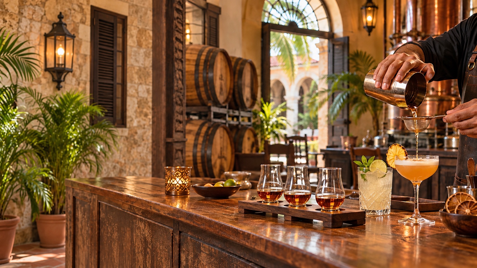 AI-generated image of a rum tasting flight and cocktails in a distillery room