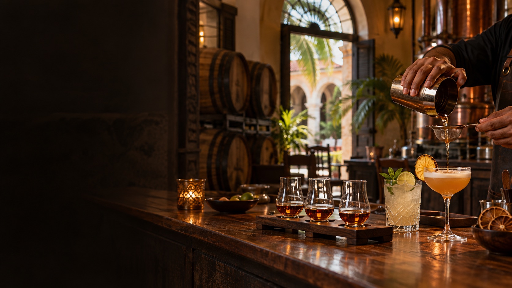 AI illustration of a rum tasting flight and cocktails in a distillery room