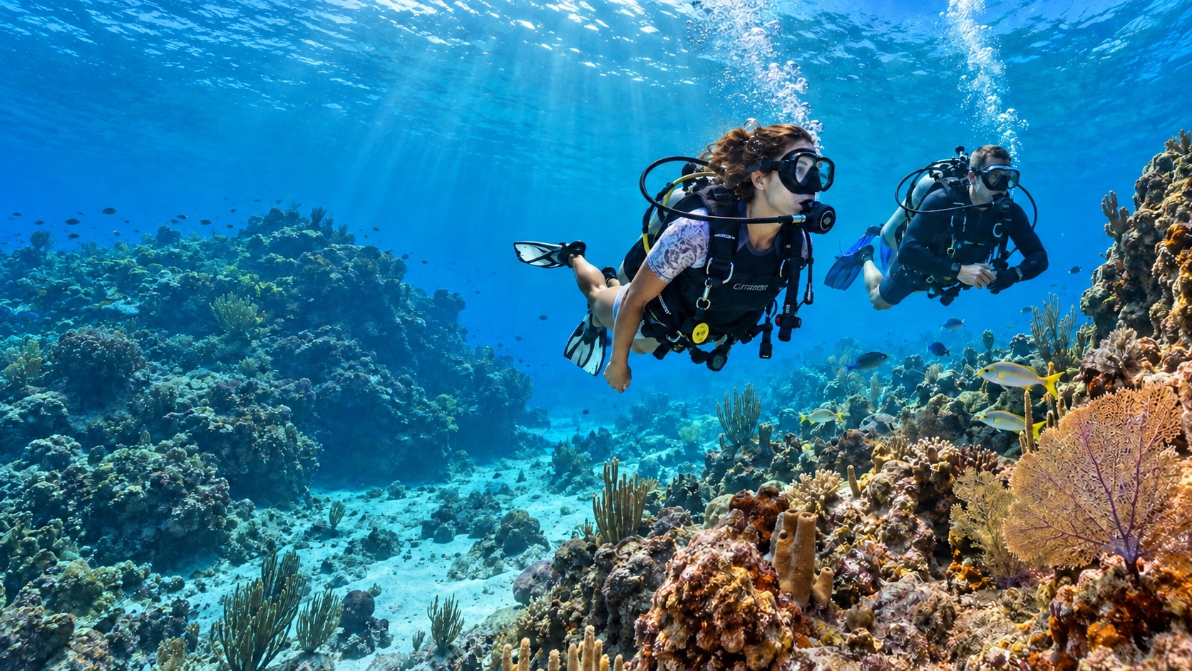 AI-generated image of scuba divers above a Caribbean reef