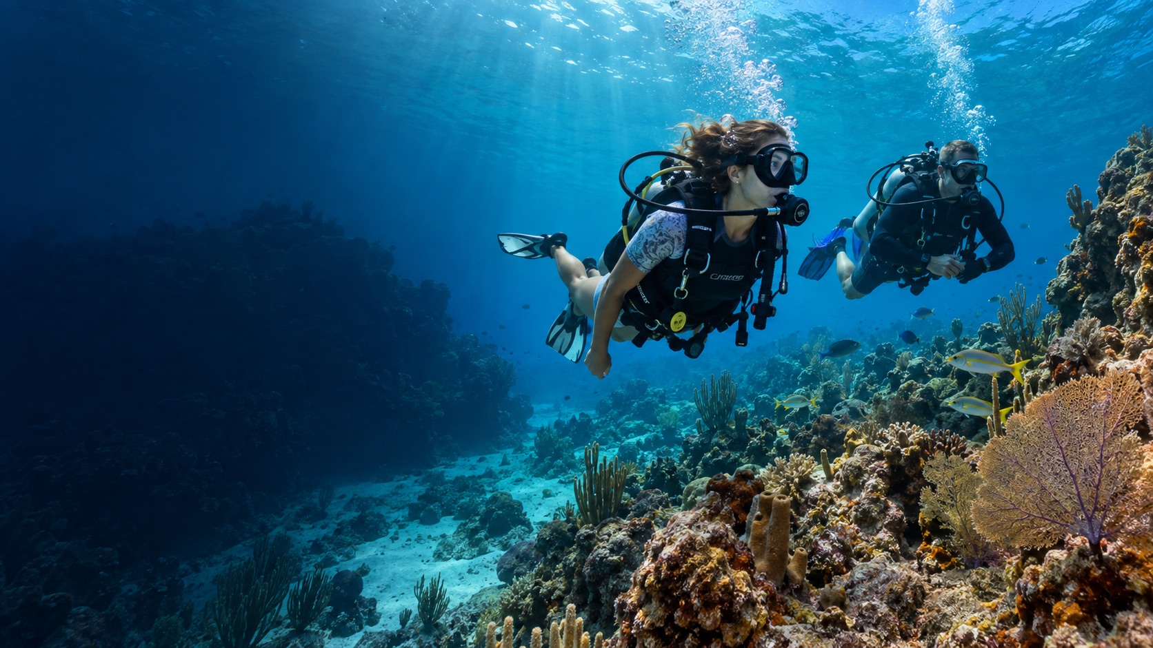 AI illustration of scuba divers above a Caribbean reef