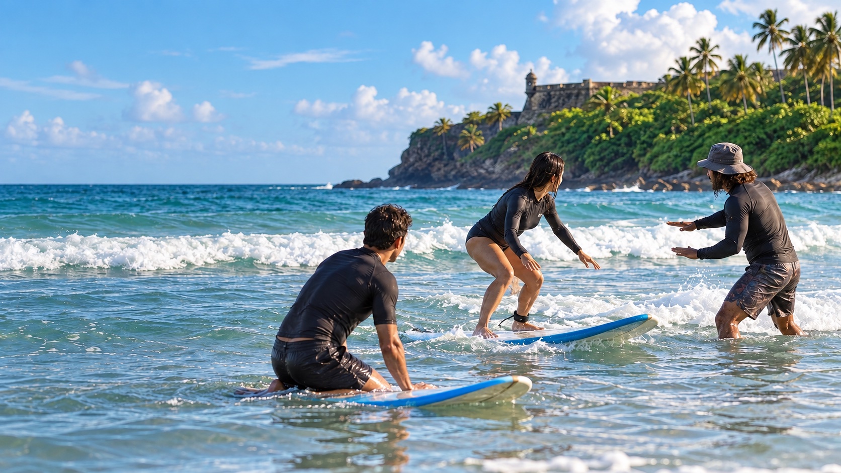 AI-generated image of a beginner surfing lesson at a Puerto Rico beach
