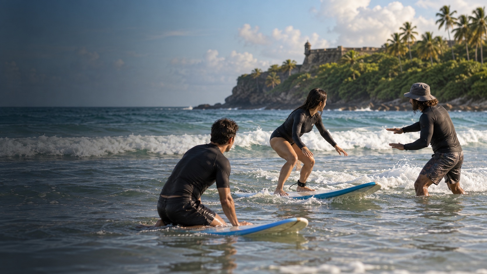 AI illustration of a beginner surfing lesson at a Puerto Rico beach
