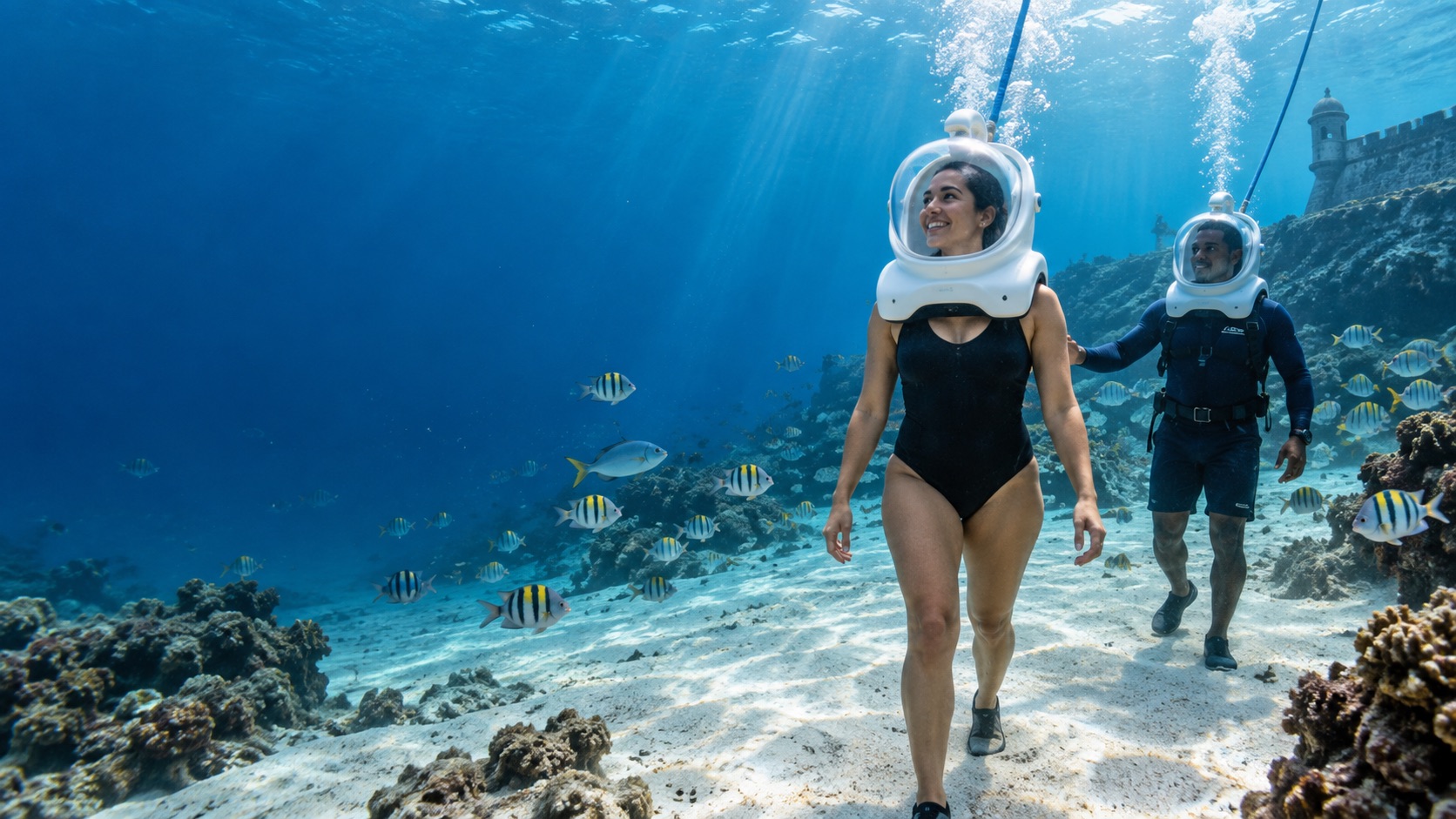AI illustration of guests walking underwater with Sea Trek helmets