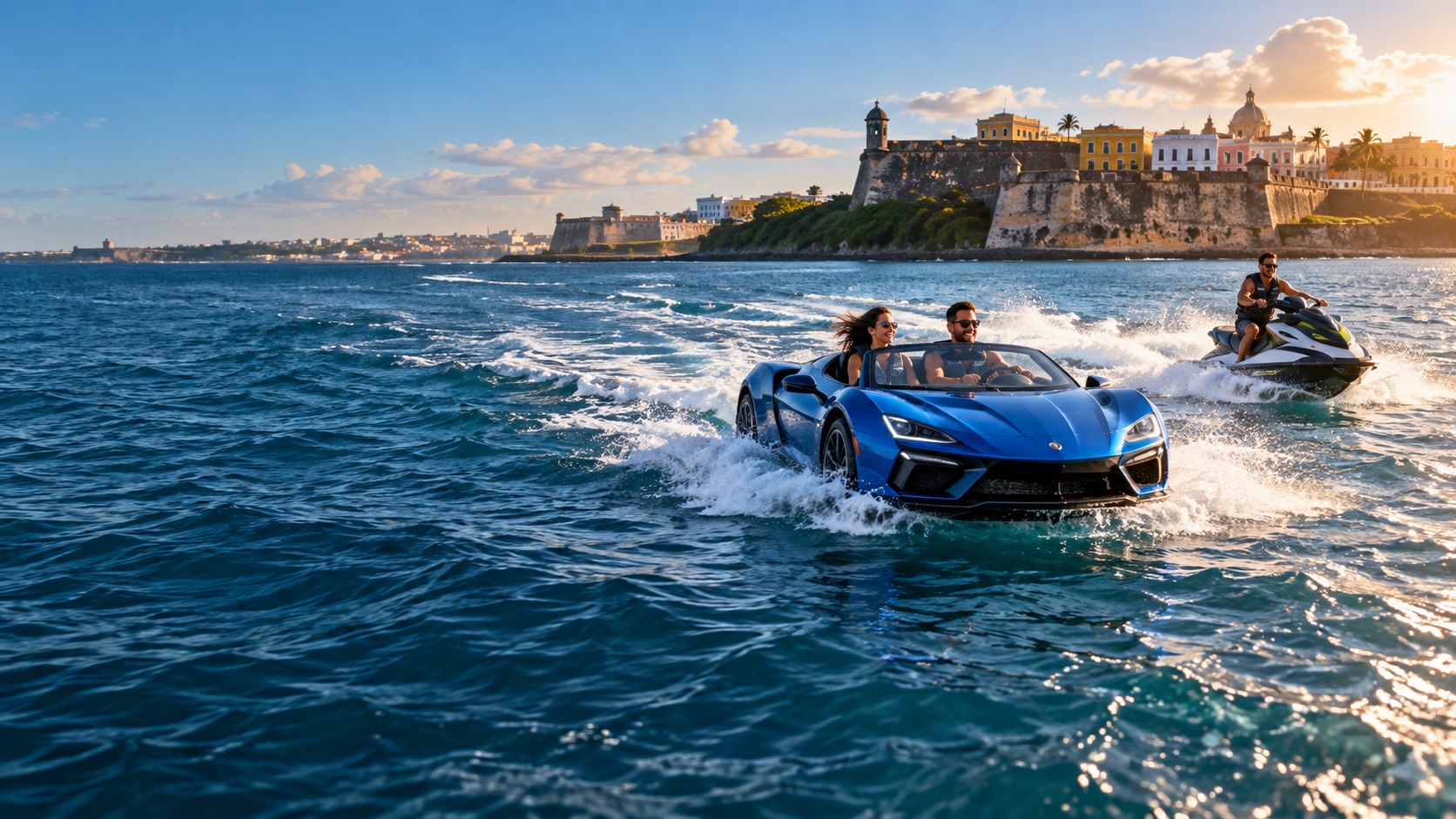 AI illustration of a JetCar and jet ski on the water near Old San Juan
