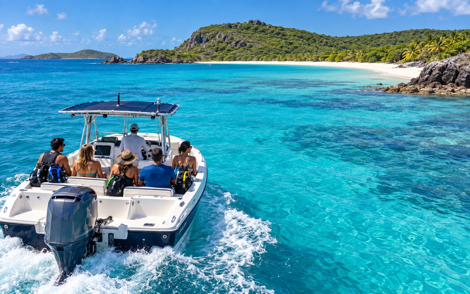 AI illustration of a private daytime motorboat charter approaching a turquoise Culebra beach