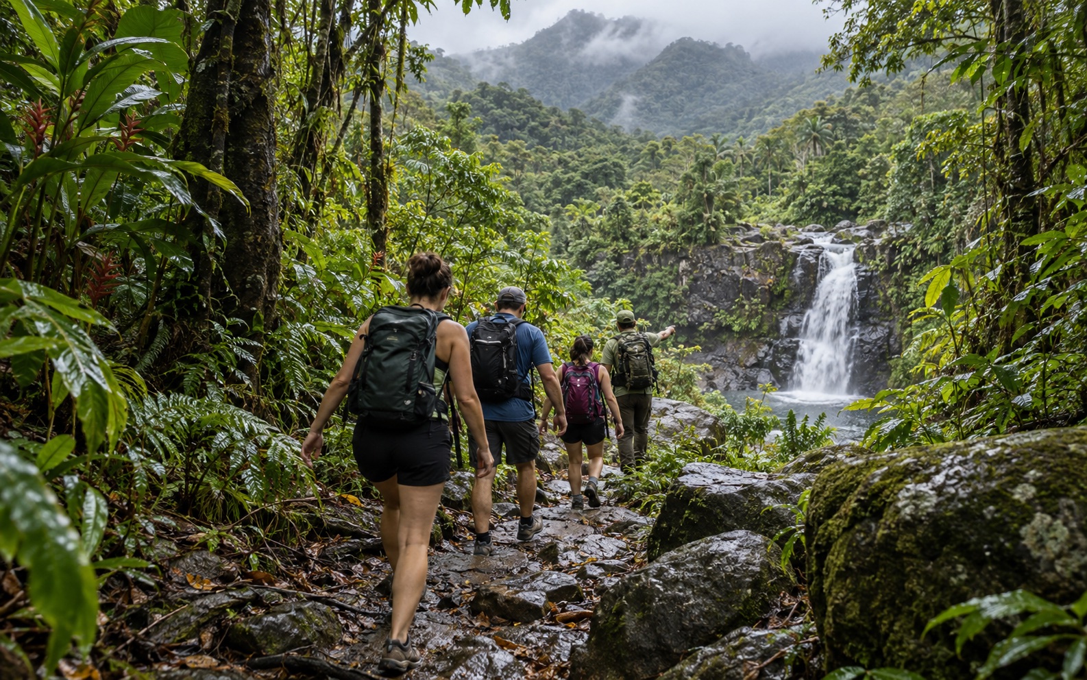 AI-generated image of a small guided group walking a rainforest trail toward a waterfall