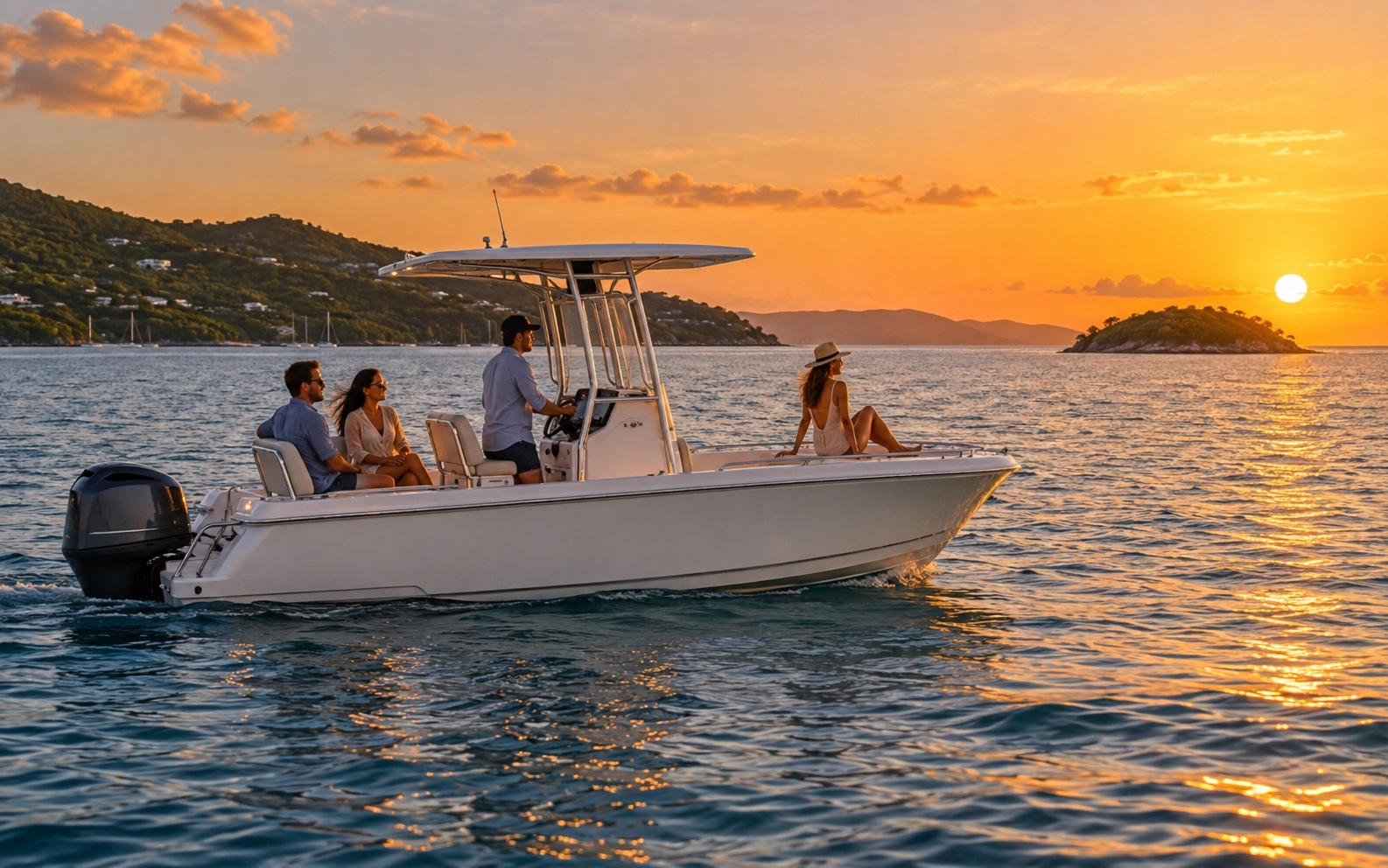 AI illustration of a small private motorboat cruising near Fajardo at sunset
