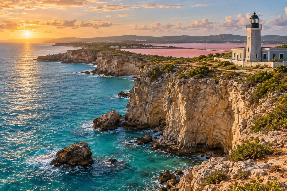 AI illustration of Cabo Rojo sea cliffs, lighthouse, and pink salt flats