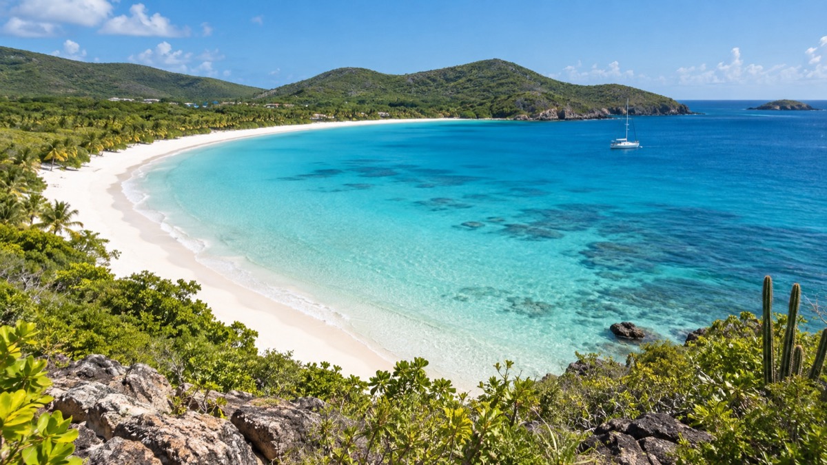 AI-generated image of a broad white-sand beach and turquoise bay inspired by Culebra