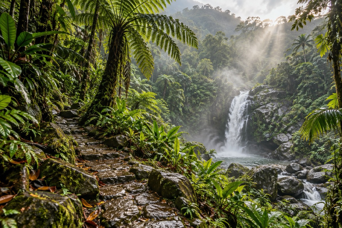AI-generated image of a lush rainforest path and waterfall inspired by El Yunque