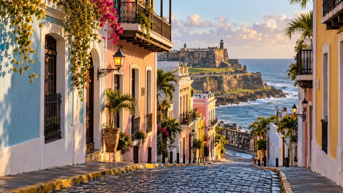 AI-generated image of a colorful Old San Juan street looking toward coastal fortifications