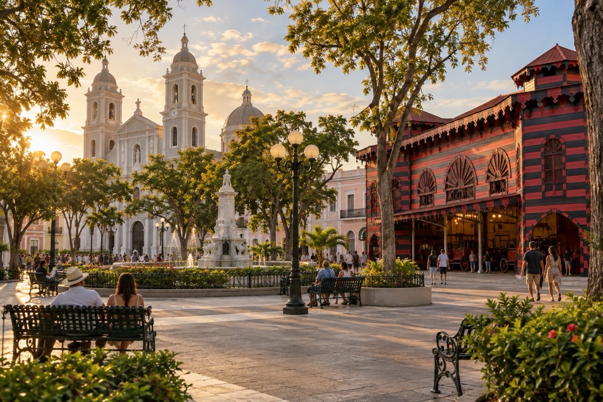 AI illustration of Ponce’s plaza and red-and-black firehouse