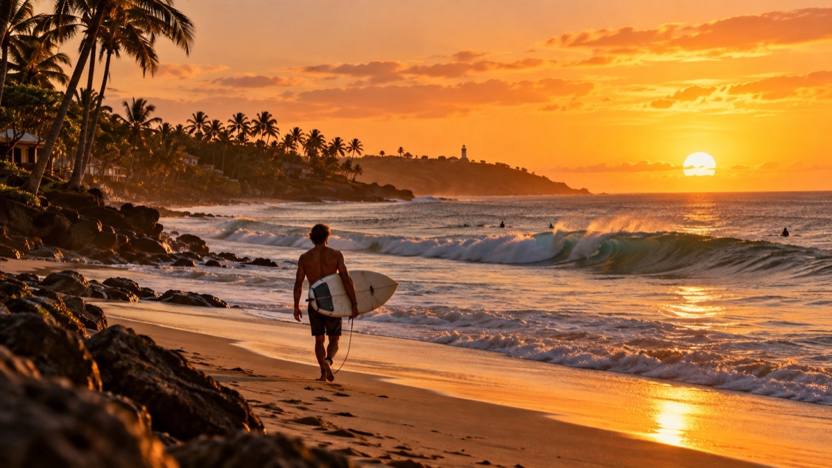 AI illustration of a surfer walking along a Rincón beach at sunset
