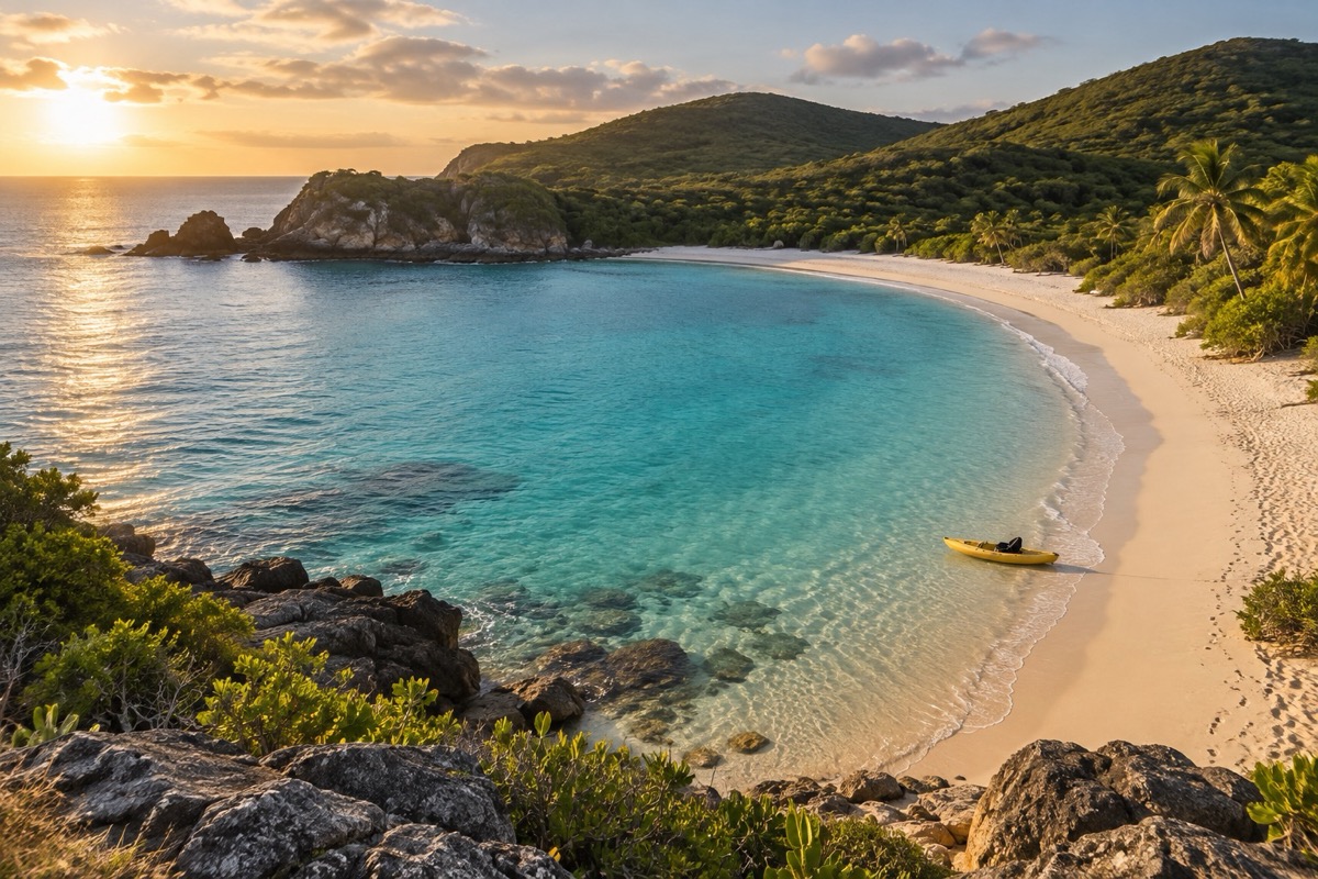 AI-generated image of a secluded Vieques beach and green coastal hills