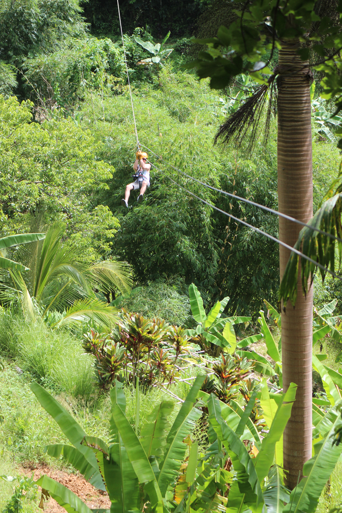 Guest riding a zipline through forest in Utuado, Puerto Rico