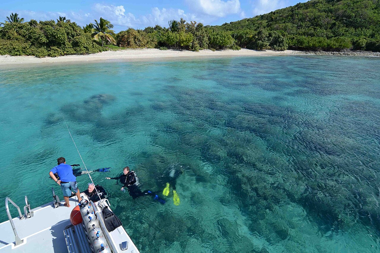 Divers entering clear water off Culebra, Puerto Rico