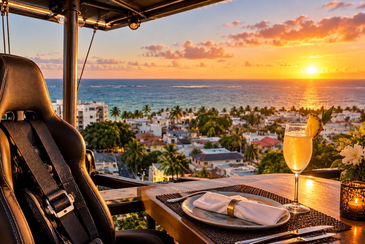 Illustration of an elevated dinner seat overlooking the coast at sunset