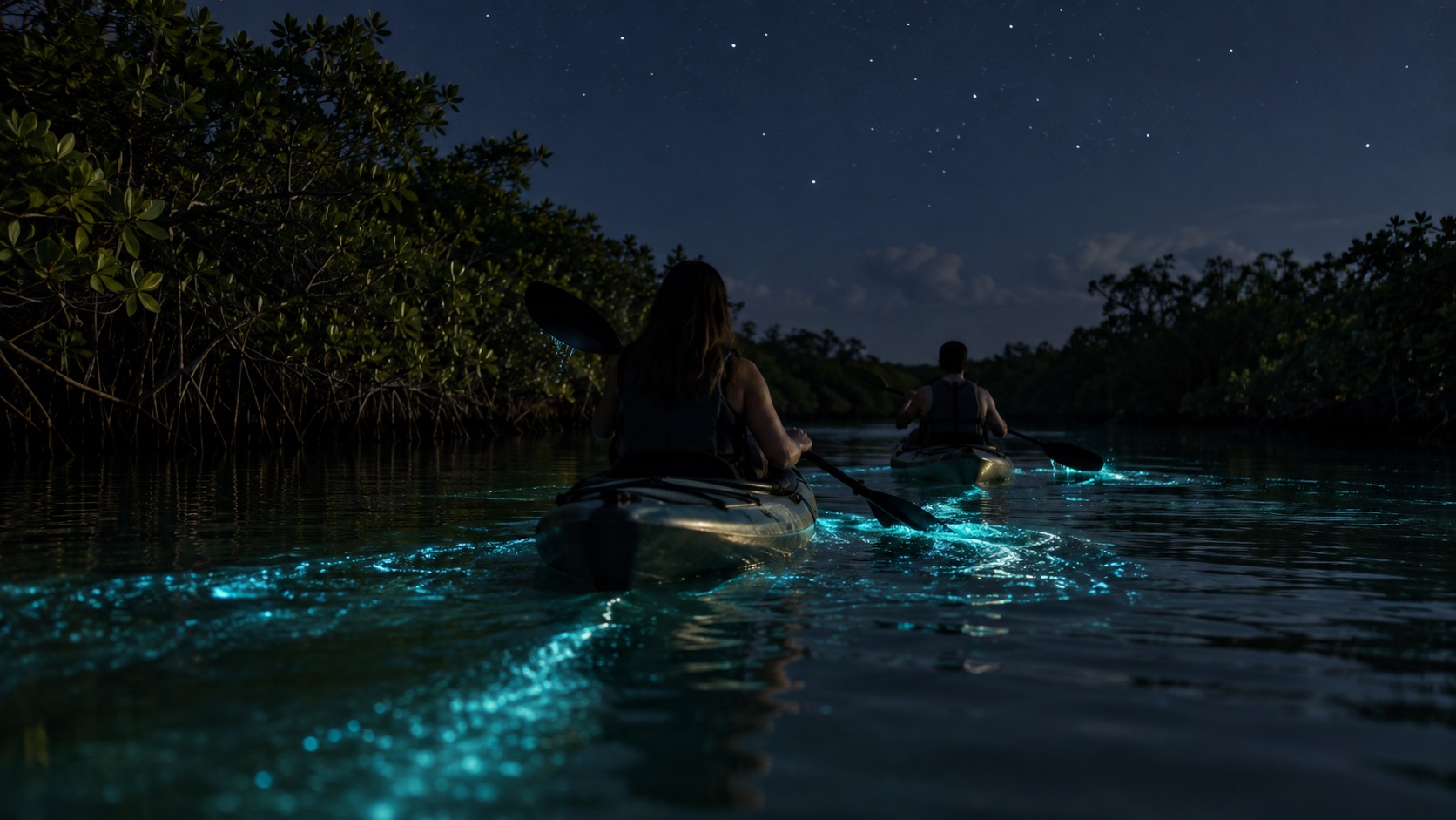 AI illustration of kayakers on a glowing bioluminescent bay at night