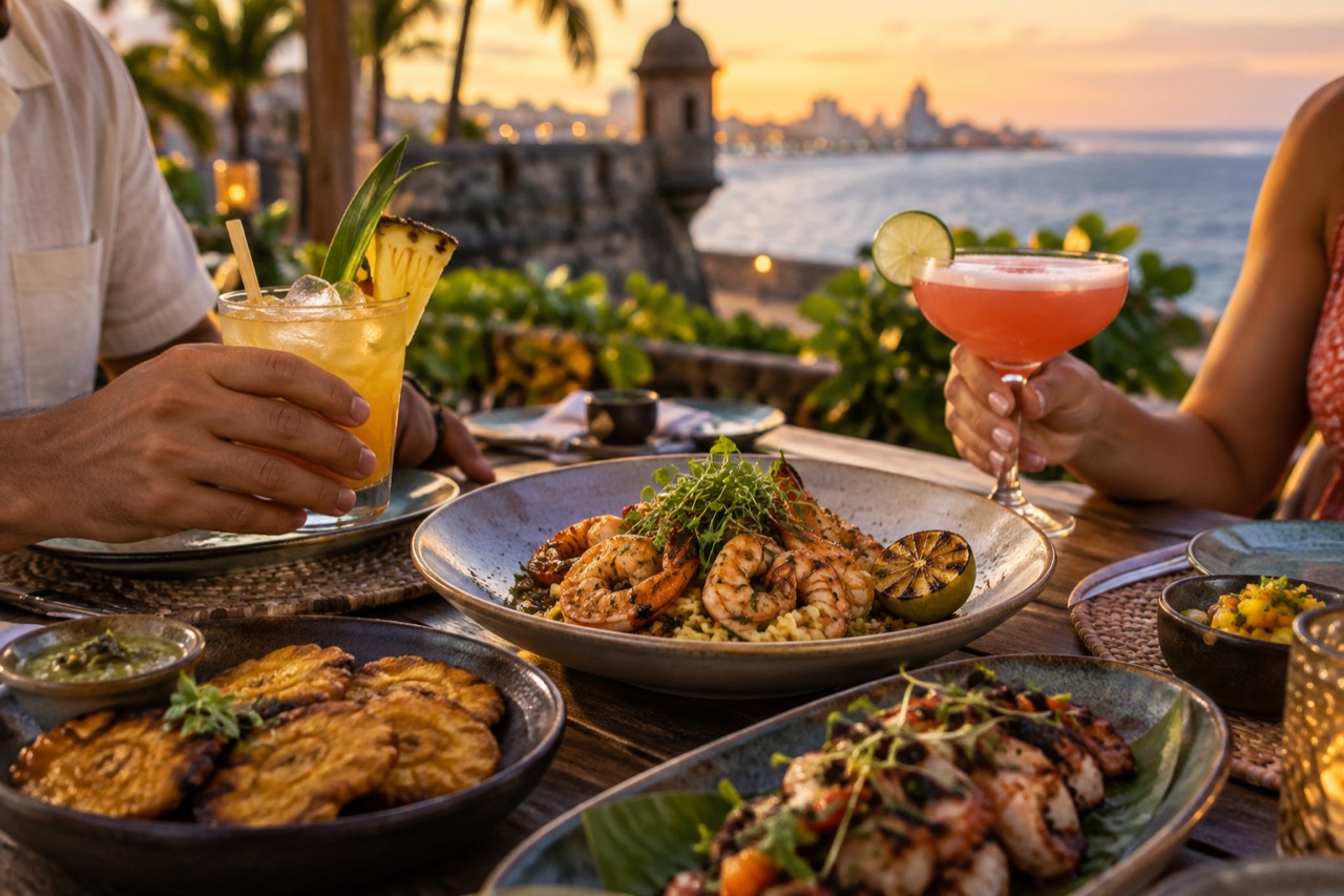AI illustration of a Puerto Rican-inspired dinner and drinks by the coast