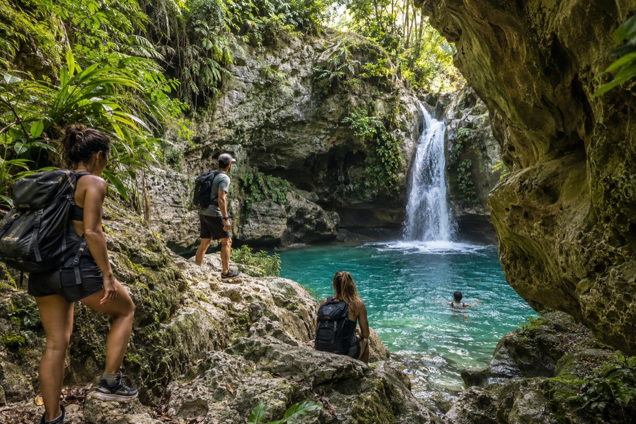 AI illustration of hikers exploring a secluded waterfall and canyon