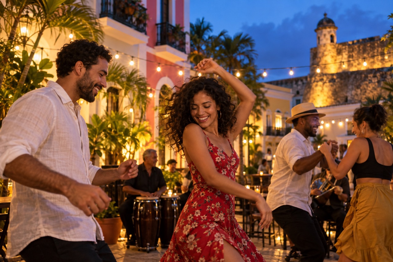 AI illustration of adults dancing salsa in a courtyard at dusk