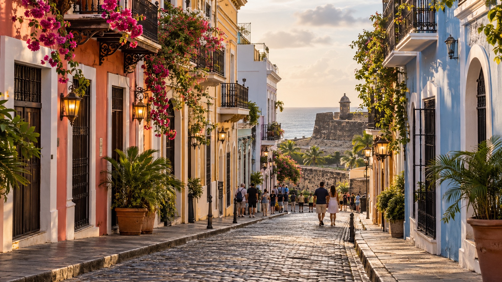 AI illustration of a lively cobblestone street and colorful buildings in Old San Juan