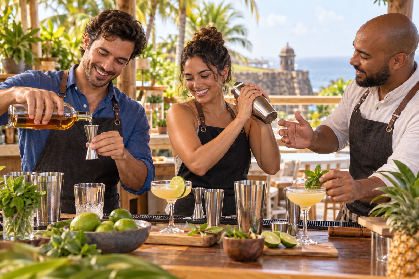AI illustration of adults mixing rum cocktails in a hands-on Puerto Rico workshop