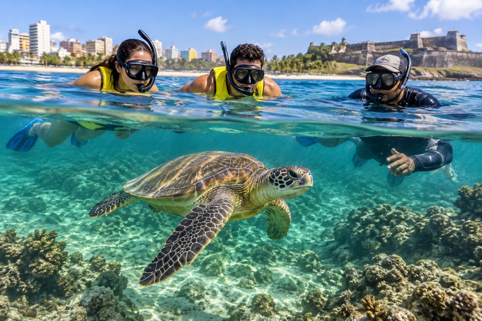 AI illustration of adults snorkeling at a respectful distance from a sea turtle near San Juan