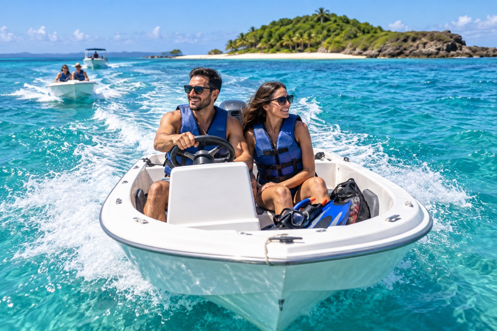 AI illustration of two adults driving a small motorboat with snorkel gear near Icacos