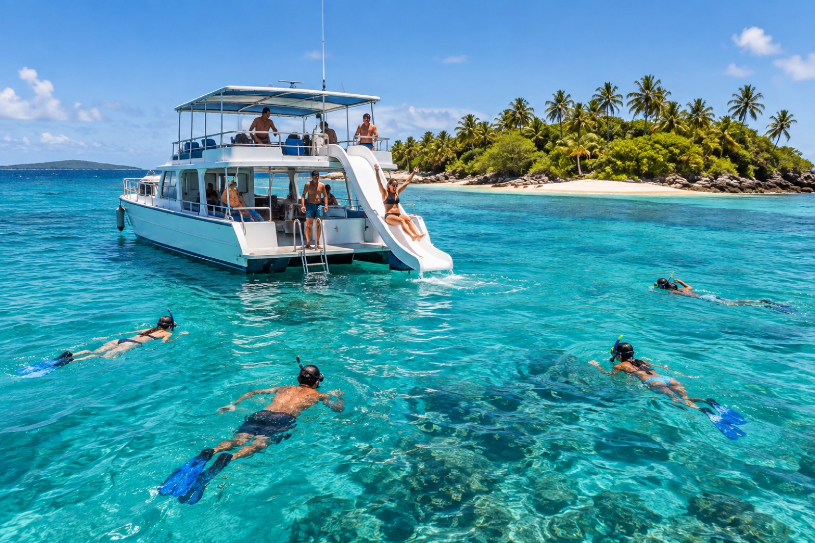 AI-generated image of a snorkel tour boat with a waterslide near a Puerto Rican island